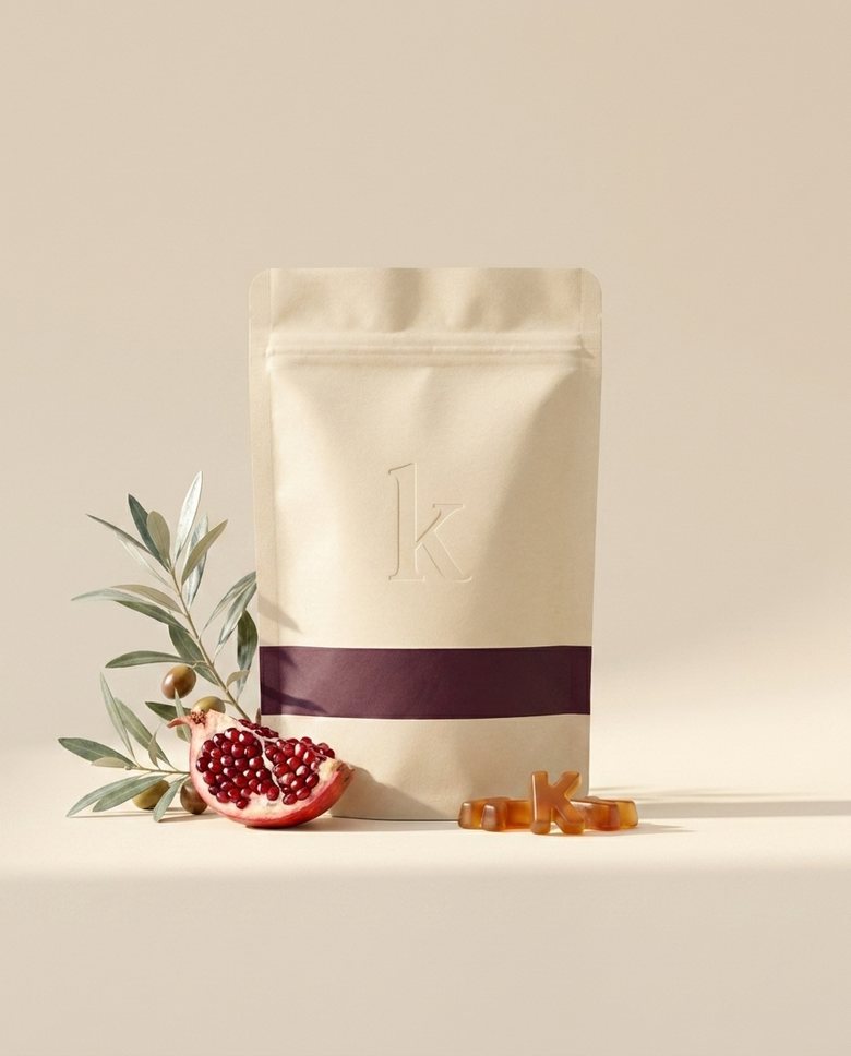 Klara Flow pouch with pomegranate, olive branch and gummies on a cream surface